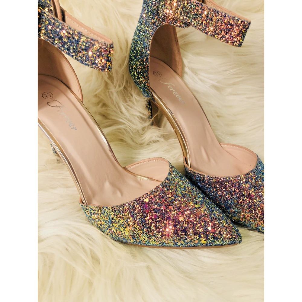 Forever Glitter Women's Ankle Strap Heels Rose Gold Green Wicked Ombre  Size 7‎
